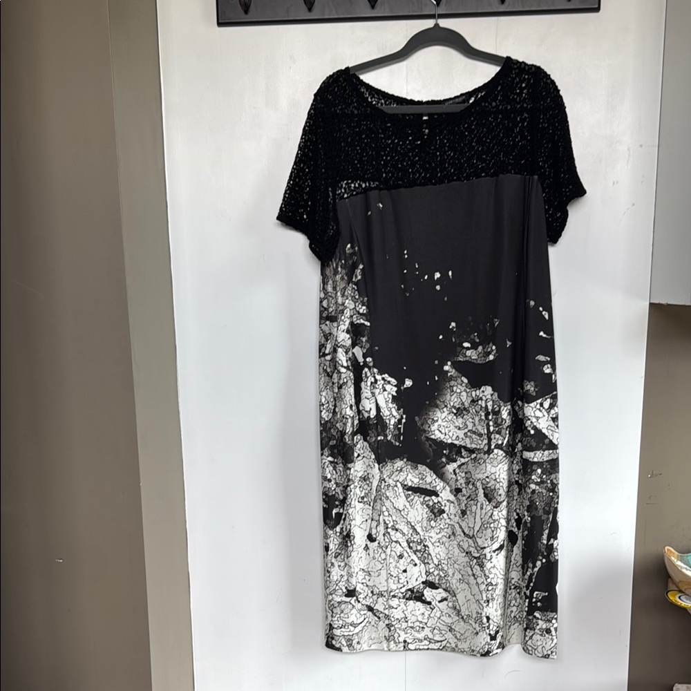 Marina Rinaldi Black and Gray Lace Sheath Midi Dress